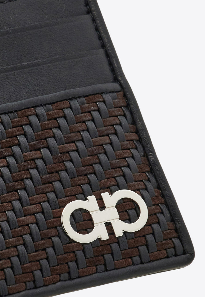 Ferragamo Gancini Woven Leather Cardholder Brown 661708 GANCIO WOVEN 786404 T MORO/NERO
