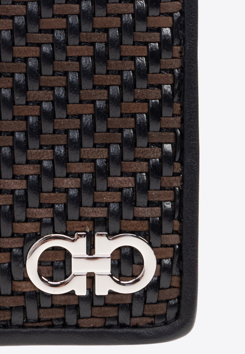 Ferragamo Gancini Woven Leather Bi-Fold Wallet Brown 661714 GANCIO WOVEN 787103 T MORO/NERO