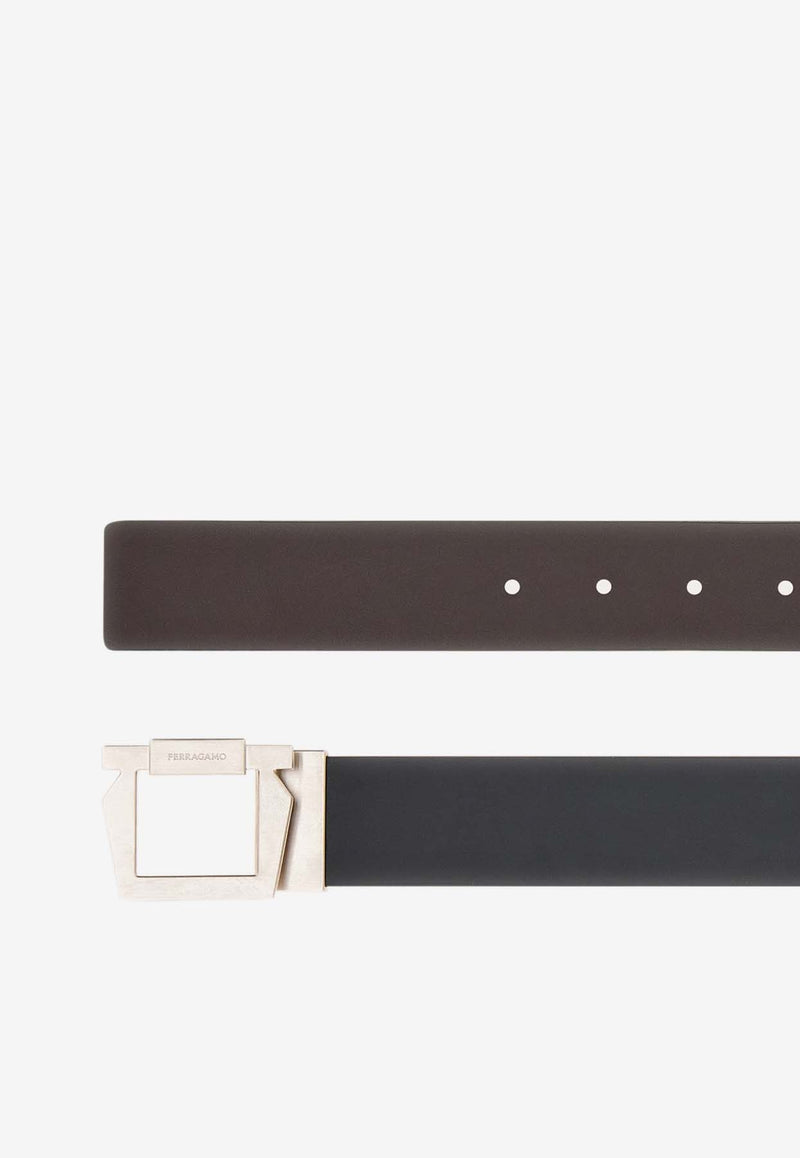 Salvatore Ferragamo Gancini Reversible Leather Belt Black 670361 DOUBLE ADJUS 775700 NERO