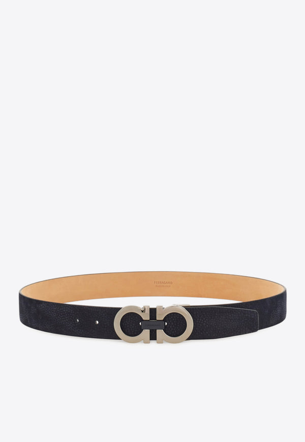 Ferragamo Gancini Buckle Nubuck Leather Belt Navy 670385 ADJUSTABLE 785851 NAVY