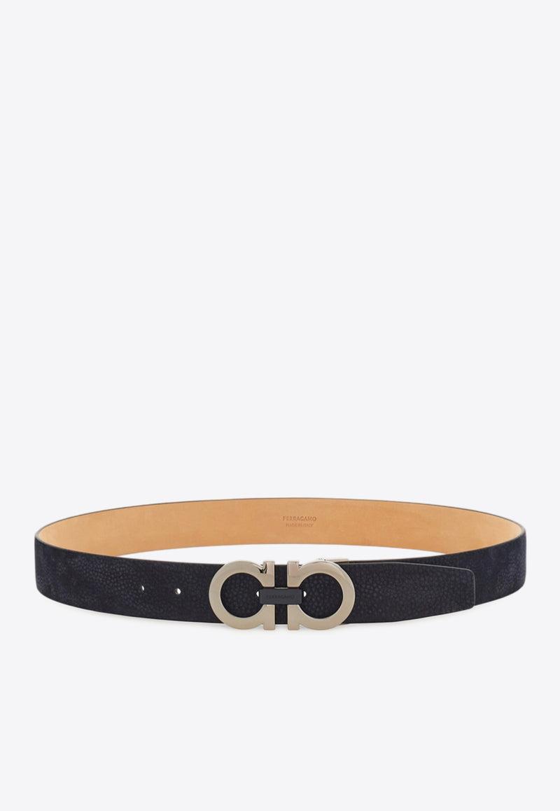 Ferragamo Gancini Buckle Nubuck Leather Belt Navy 670385 ADJUSTABLE 785851 NAVY