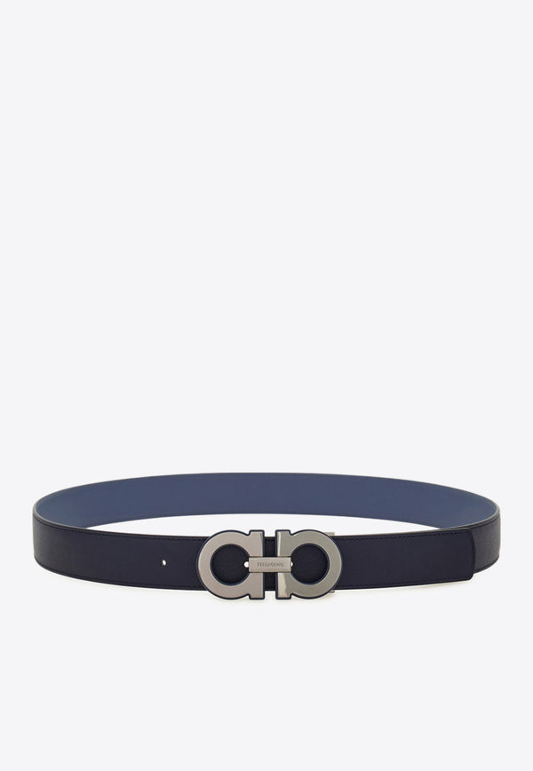 Ferragamo Gancini Buckle Reversible Leather Belt Midnight Blue 670460 DOUBLE ADJUS 786315 MIDNIGHT