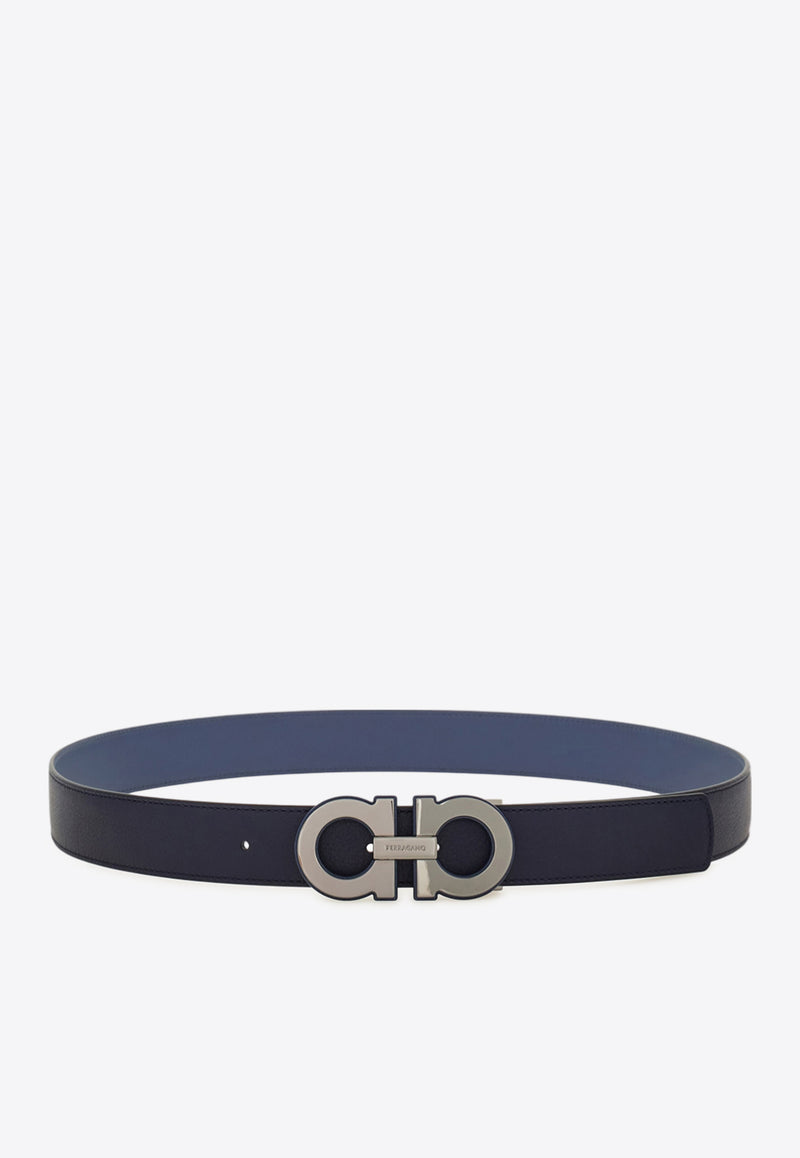 Ferragamo Gancini Buckle Reversible Leather Belt Midnight Blue 670460 DOUBLE ADJUS 786315 MIDNIGHT