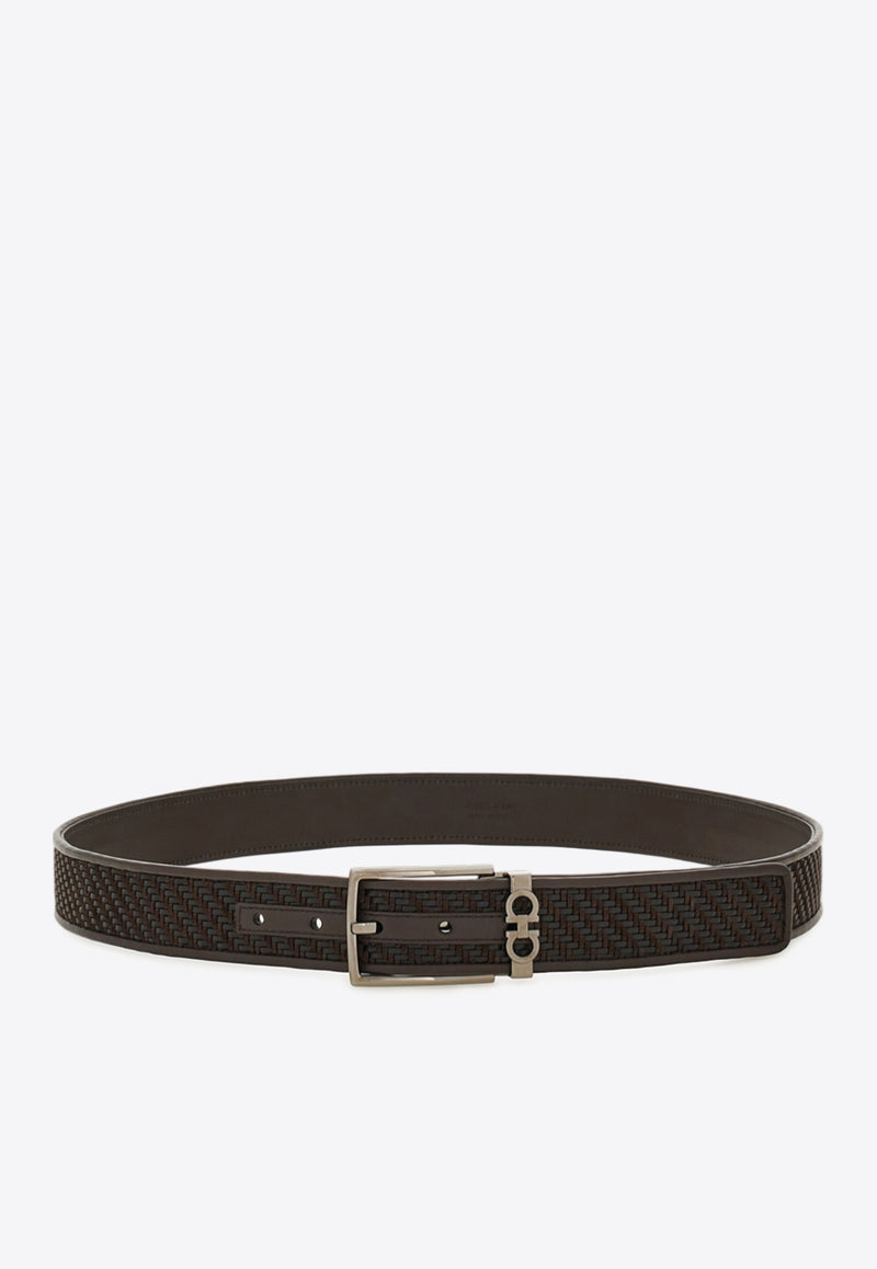 Ferragamo Woven Calf Leather Belt Brown 670575 ADJUST 786458 T MORO/NERO