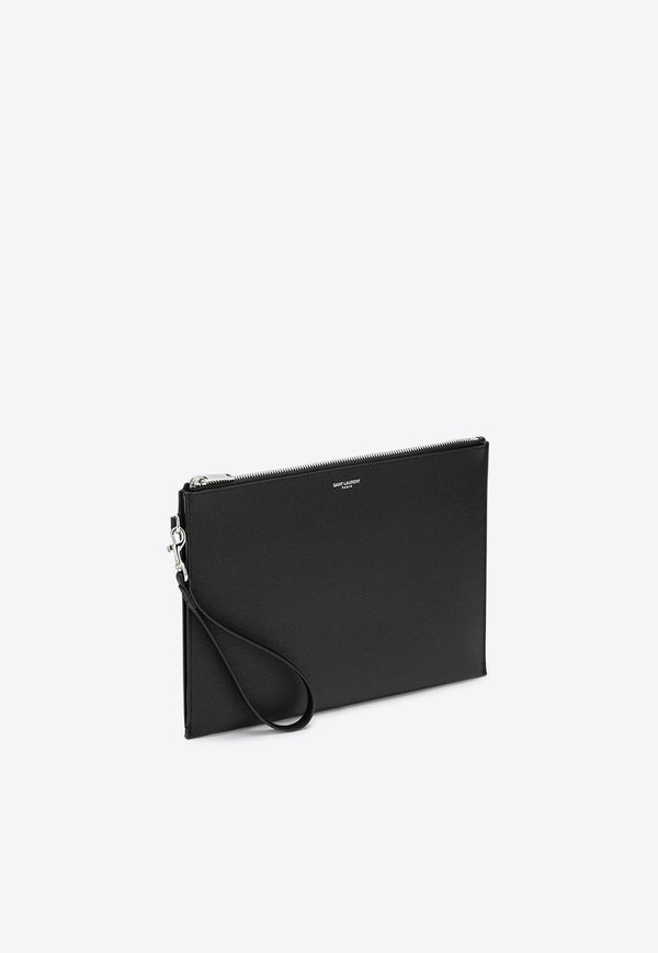 Saint Laurent Logo Stamped Leather Zip Pouch Bag Black 683865BTY0N/P_YSL-1000