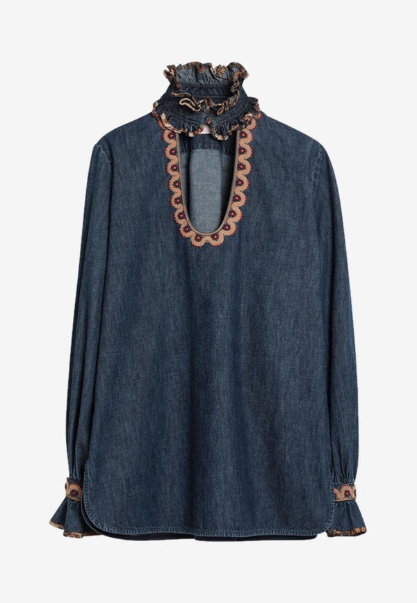 Valentino Embroidered Long-Sleeved Denim Top Blue 6B0DB03E7MR/Q_VALE-558