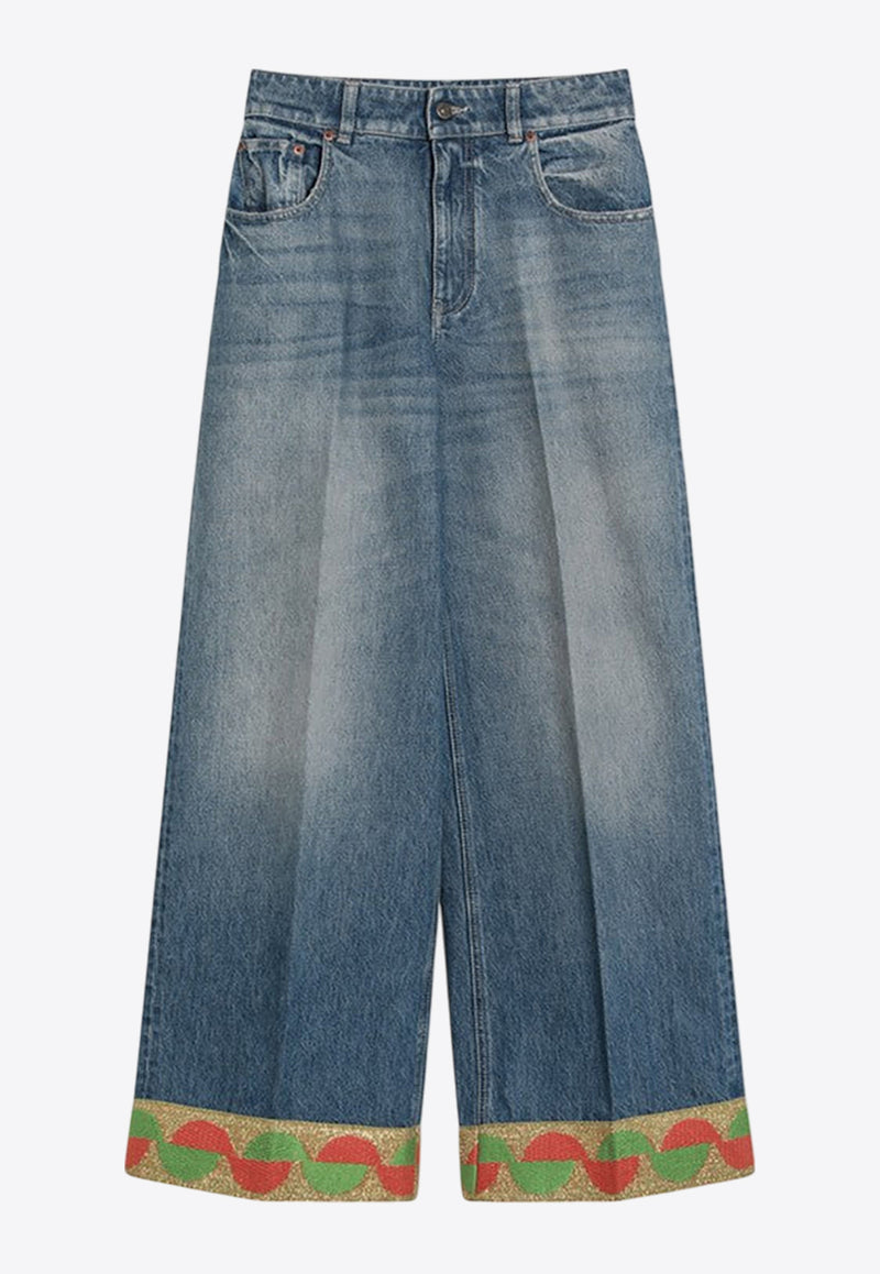 Valentino Straight-Leg Washed Jeans with Jacquard Hem Blue 6B3DD18U94U/Q_VALE-558