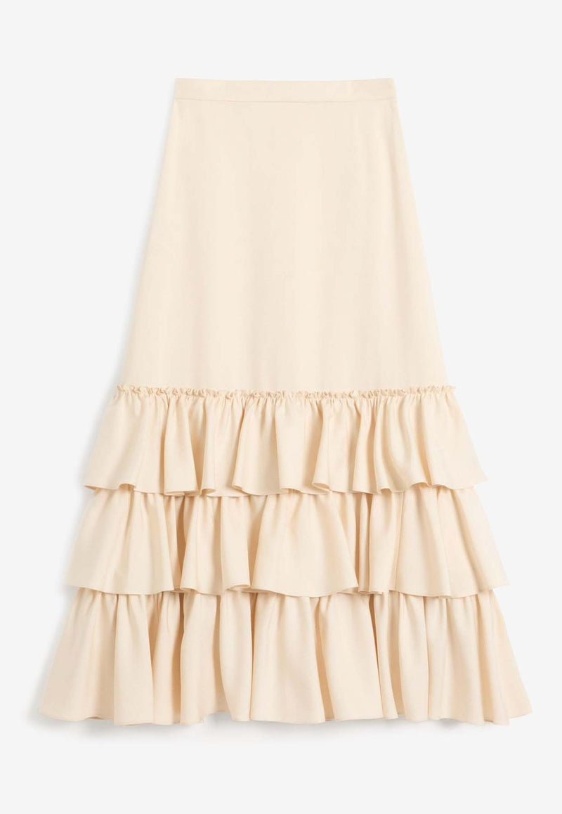 Valentino Shantung Ruffled Midi Skirt Cream 6B3RACM690G D04