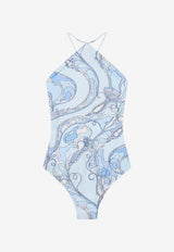 Pucci Orchidee Print One-Piece Swimsuit Light Blue