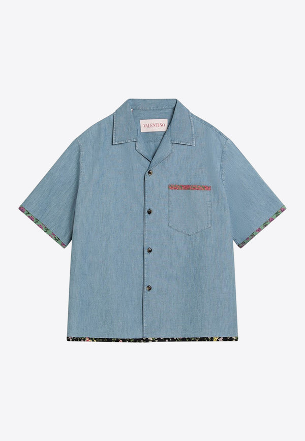 Valentino Floral-Trimmed Denim Bowling Shirt Blue 6V0DB04LALM/Q_VALE-508