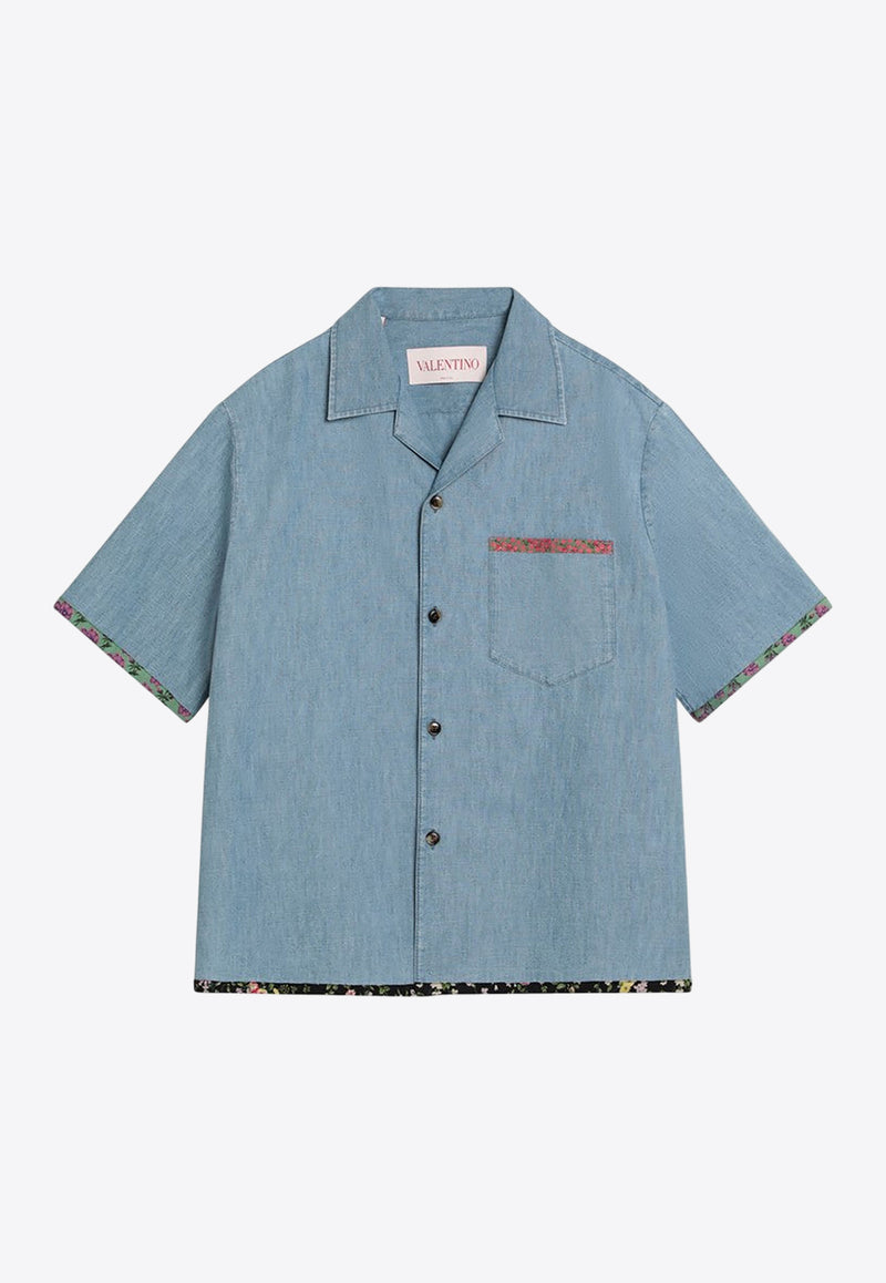 Valentino Floral-Trimmed Denim Bowling Shirt Blue 6V0DB04LALM/Q_VALE-508