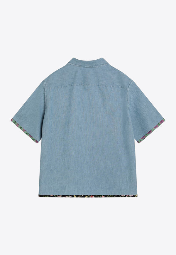 Valentino Floral-Trimmed Denim Bowling Shirt Blue 6V0DB04LALM/Q_VALE-508