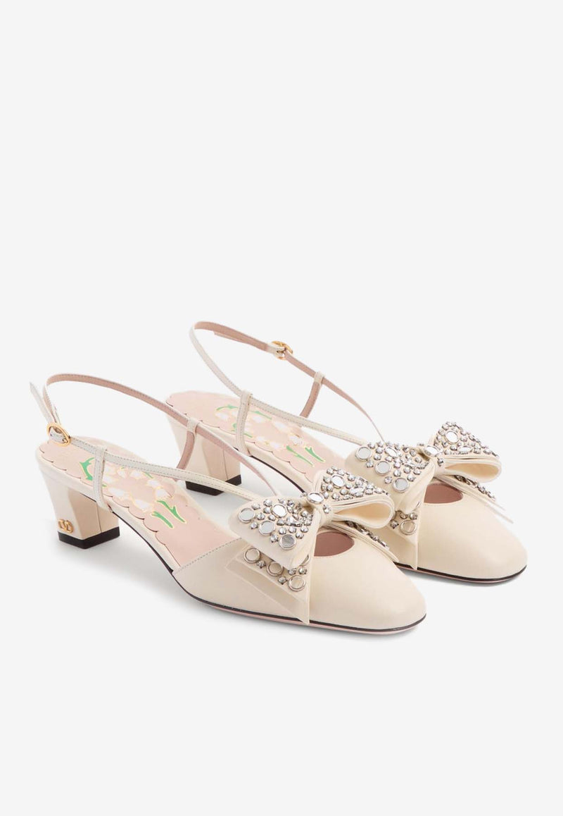 Valentino Bowow 45 Crystal Embellished Slingback Pumps Ivory 6W2S0LB6MLW R2A