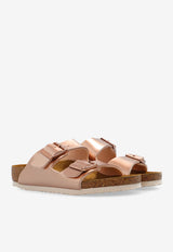 Birkenstock Kids Girls Arizona Buckled Leather Slides Rose Gold 1012478 0-ELECTRIC METALLIC COPPER