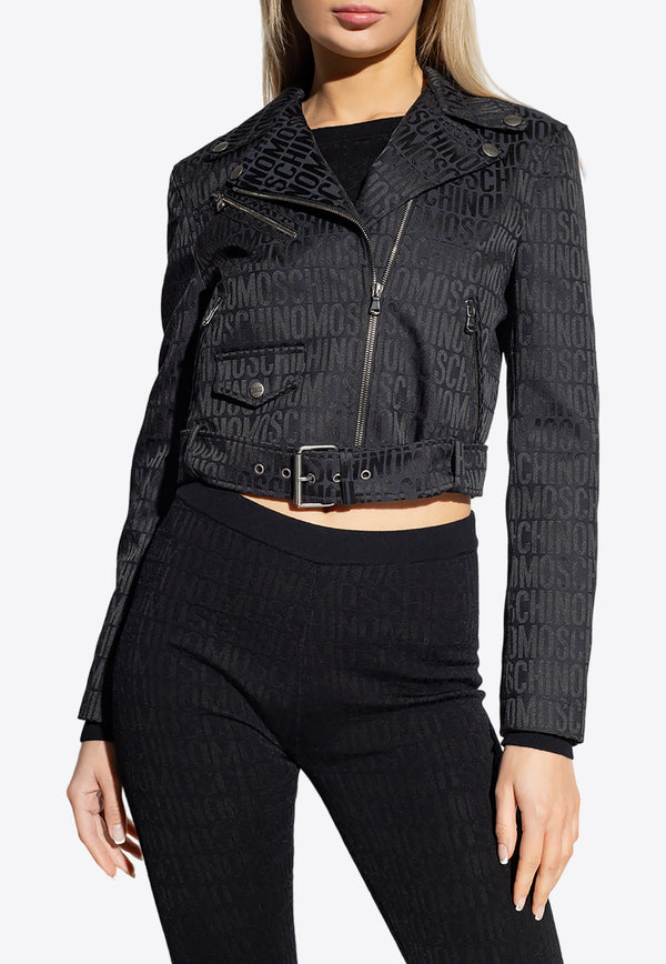 Moschino Logo Jacquard Cropped Biker Jacket Black 231EM A0503 2715-0555