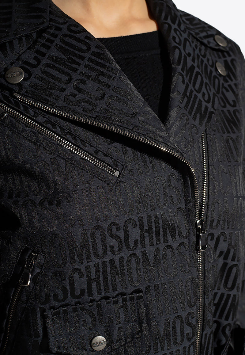 Moschino Logo Jacquard Cropped Biker Jacket Black 231EM A0503 2715-0555