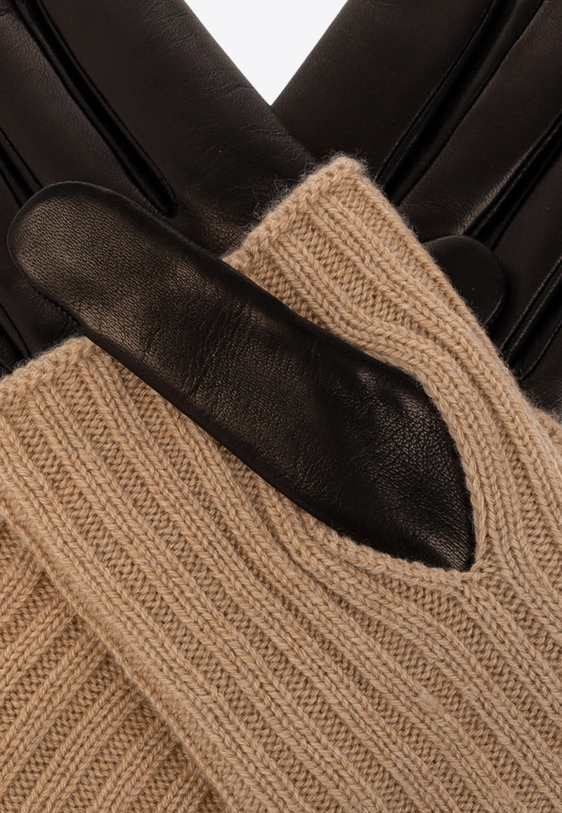 Salvatore Ferragamo Ribbed Knit Paneled Leather Gloves Beige 360731 GUA NAPPCASH 759749-CAMEL