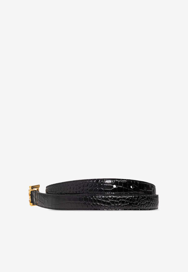 Saint Laurent Monogram Crocodile-Embossed Thin Leather Belt Black 554465 DND0J-1000