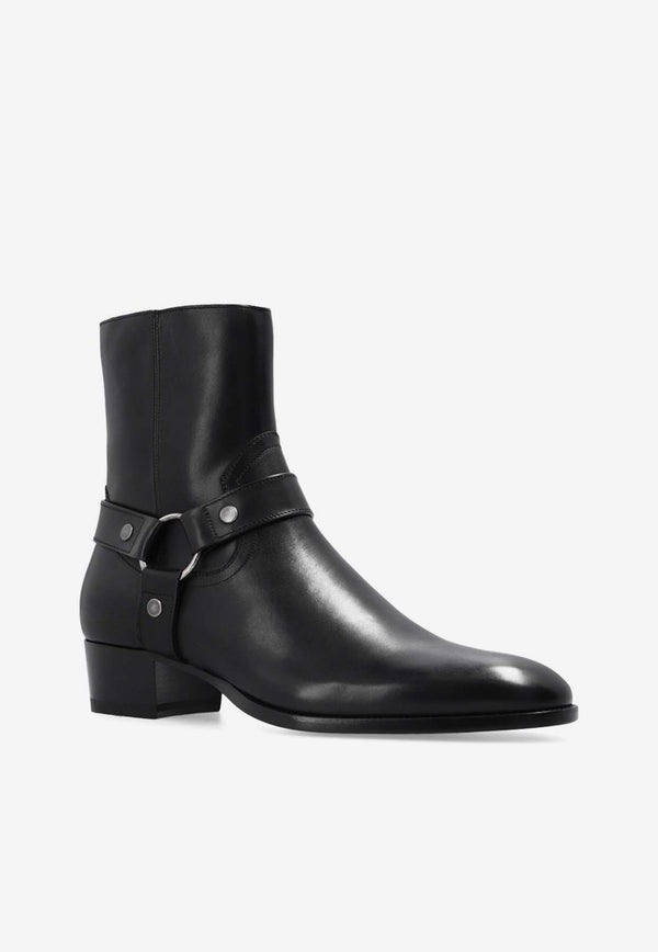 Saint Laurent Wyatt Harness Leather Ankle Boots Black 681331 1YL00-1000