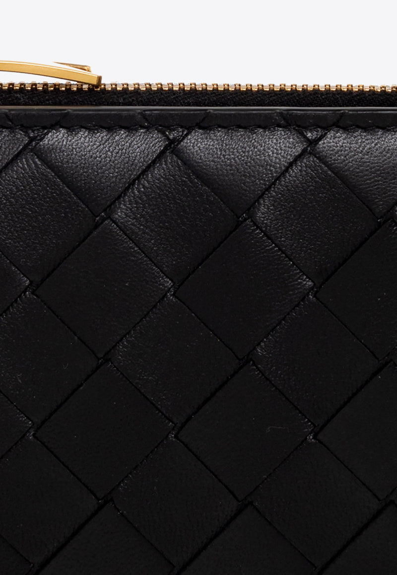 Bottega Veneta Small Bi-Fold Zip Wallet in Intrecciato Leather Black 707601 VCPP3-8425