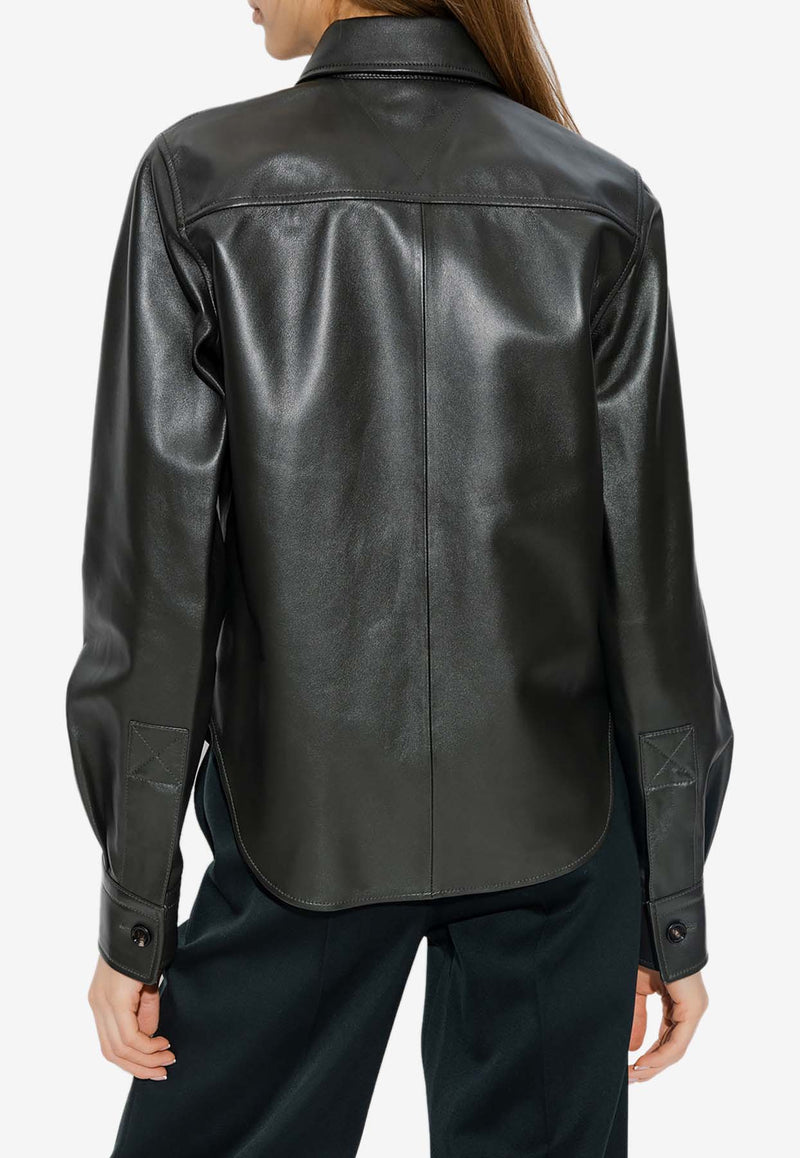 Bottega Veneta Long-Sleeved Leather Shirt Dark Green 729817 V23U0-3350