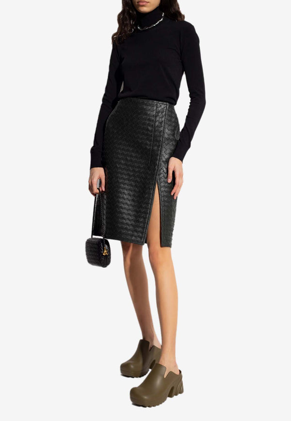 Bottega Veneta Knee-Length Skirt in Intrecciato Leather Dark Green 729819 V2JG0-3350
