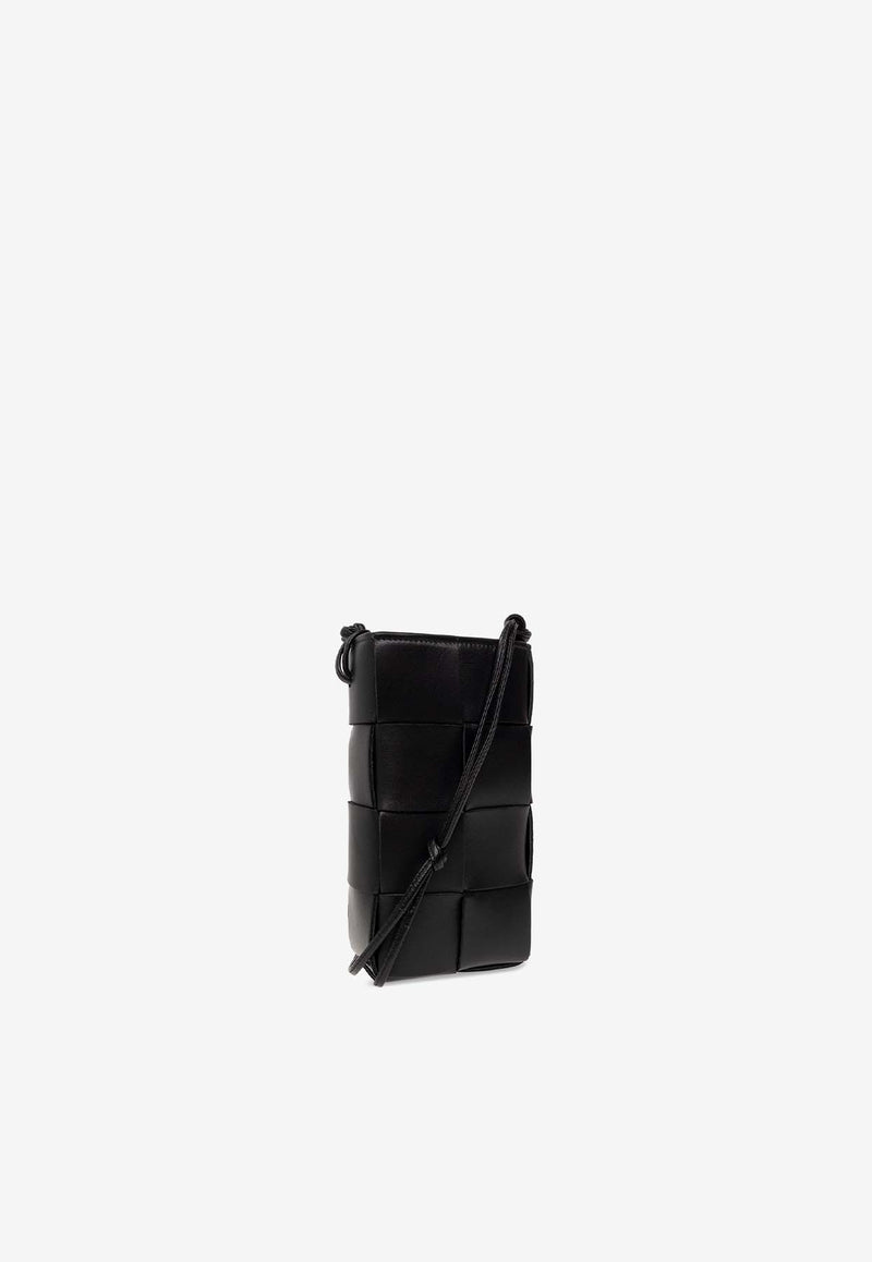 Bottega Veneta Mini Cassette Intreccio Leather Phone Holder Black 730541 VCQC4-8425