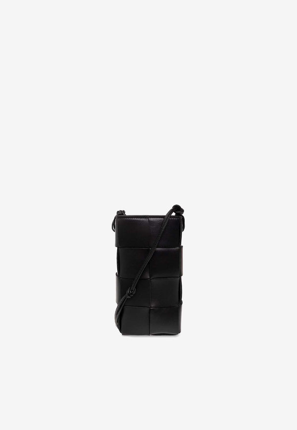 Bottega Veneta Mini Cassette Intreccio Leather Phone Holder Black 730541 VCQC4-8425