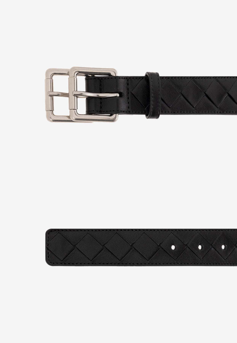 Bottega Veneta Double Buckle Intrecciato Leather Belt Black 730774 V2OT1-8803