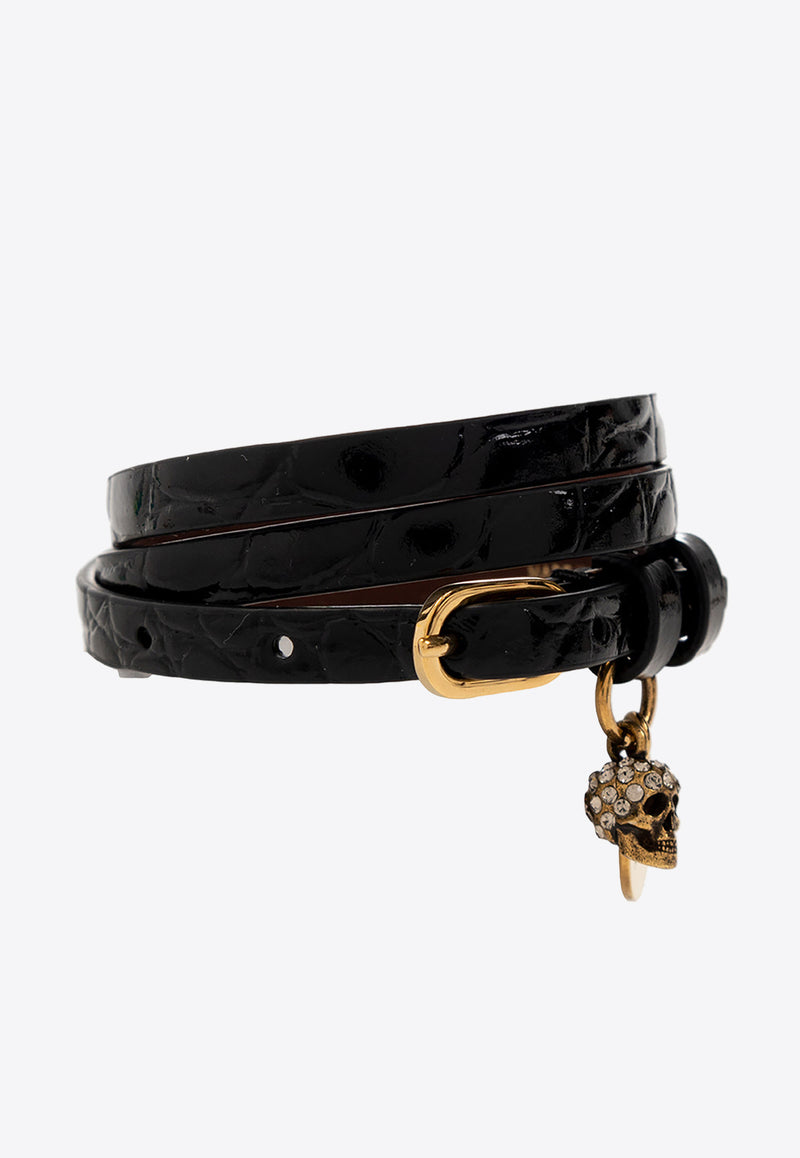 Alexander McQueen Croc-Embossed Leather Wrap Charm Bracelet Black 551156 1JM11-1001