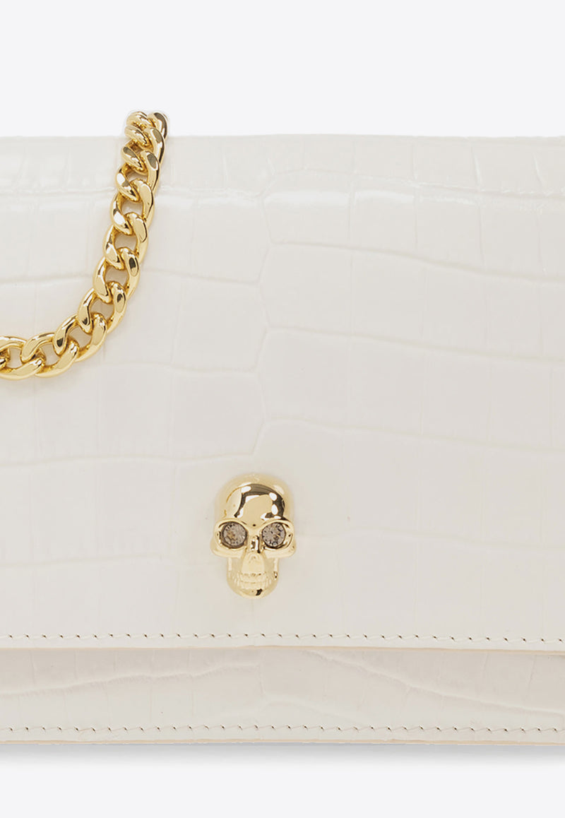 Alexander McQueen Small Skull Croc-Embossed Leather Crossbody Bag White 613088 1HB0G-9006