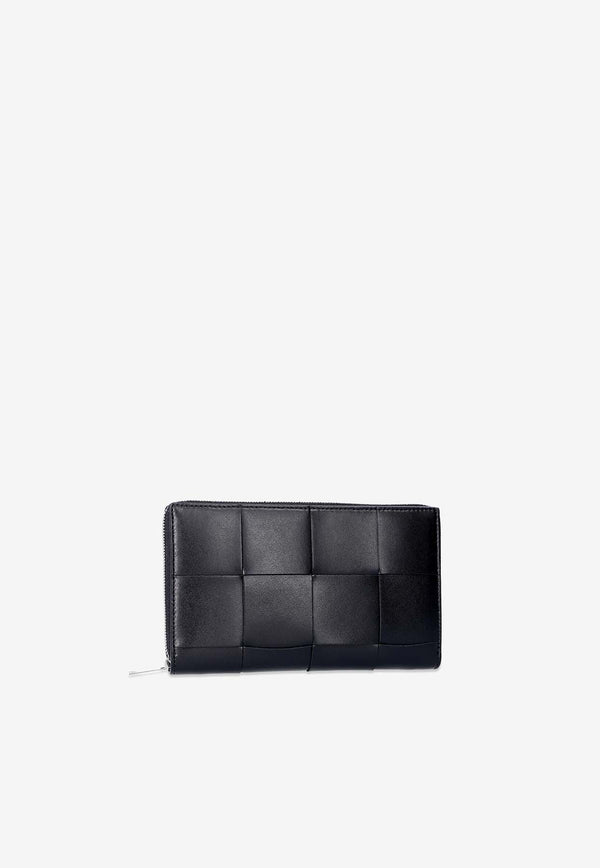 Bottega Veneta Cassette Zip-Around Intreccio Leather Wallet Black 649607 VBWD2-8803