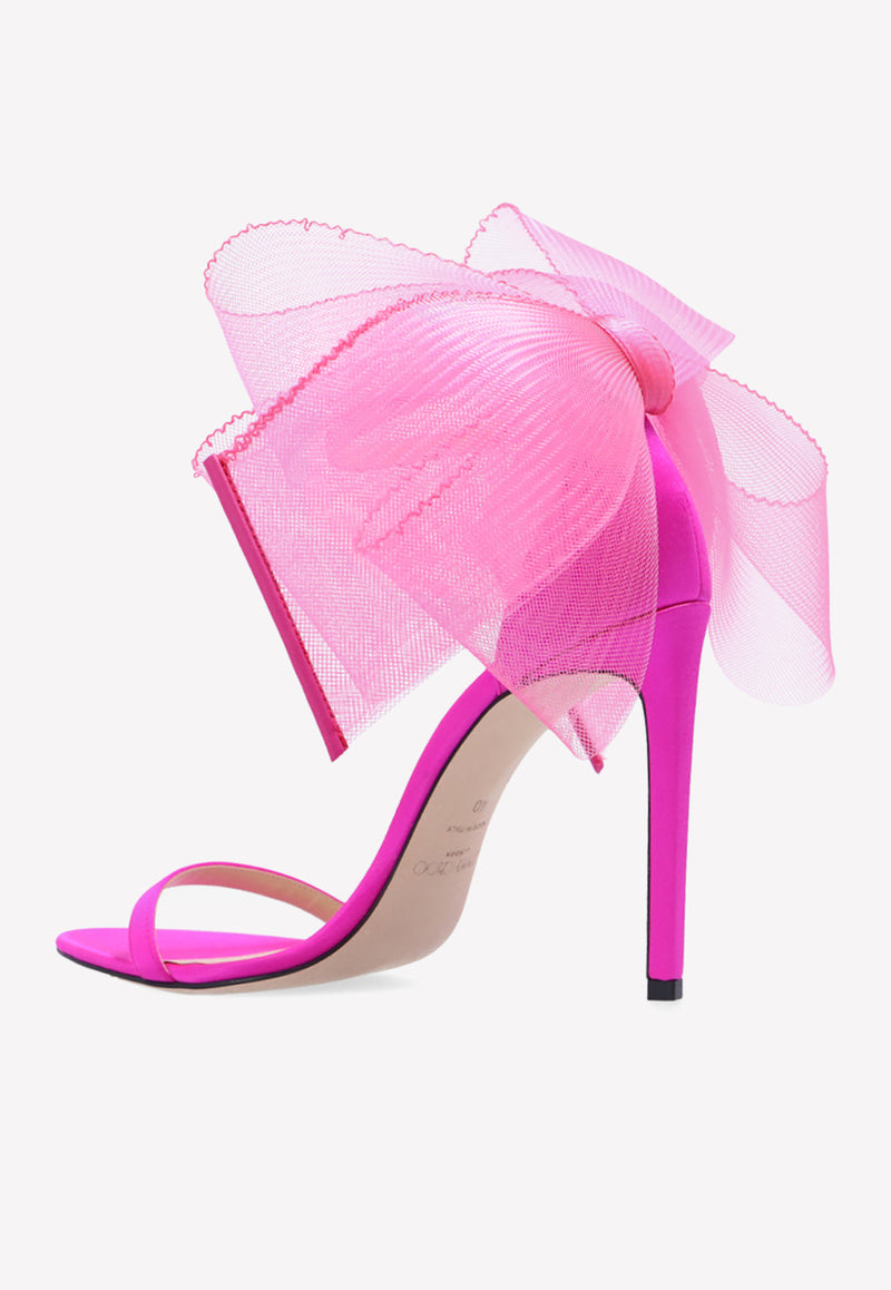 Jimmy Choo Aveline 100 Asymmetric Grosgrain Mesh Bows Sandals AVELINE 100 BAV-FUCHSIA FUCHSIA Pink