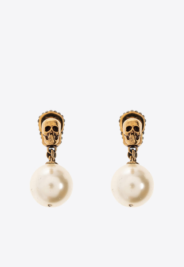 Alexander McQueen Paved Skull and Pearl Embellished Earrings Gold 734746 I170A-2375