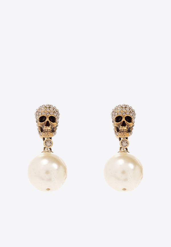 Alexander McQueen Paved Skull and Pearl Embellished Earrings Gold 734746 I170A-2375