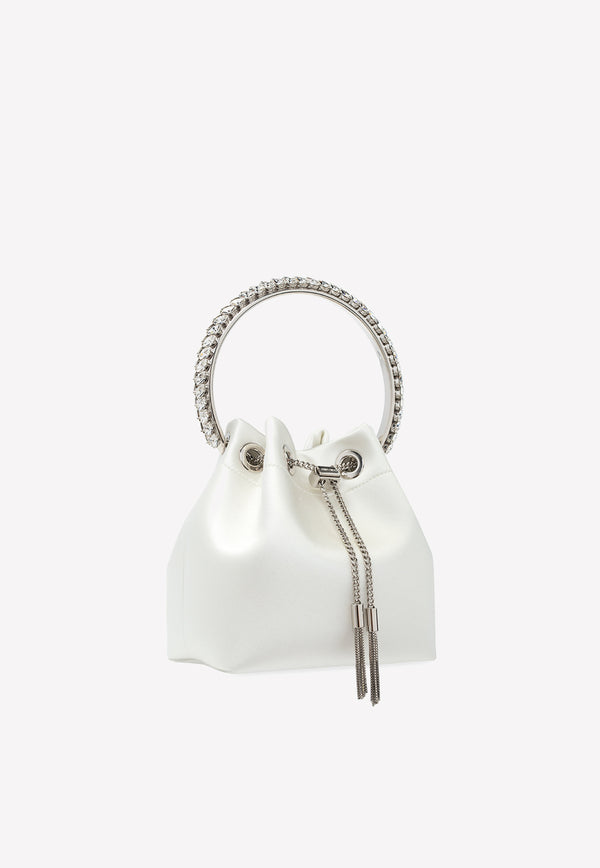 Jimmy Choo Bon Bon Crystal Embellished Top Handle Bag in Satin BON BON VKM-IVORY CRYSTAL White