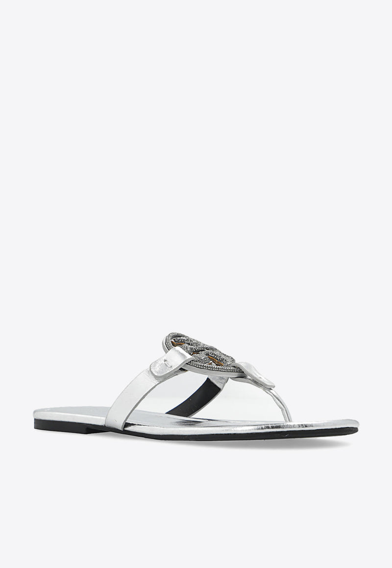 Tory Burch Miller Metallic Leather Thong Sandals Silver 146017 0-040