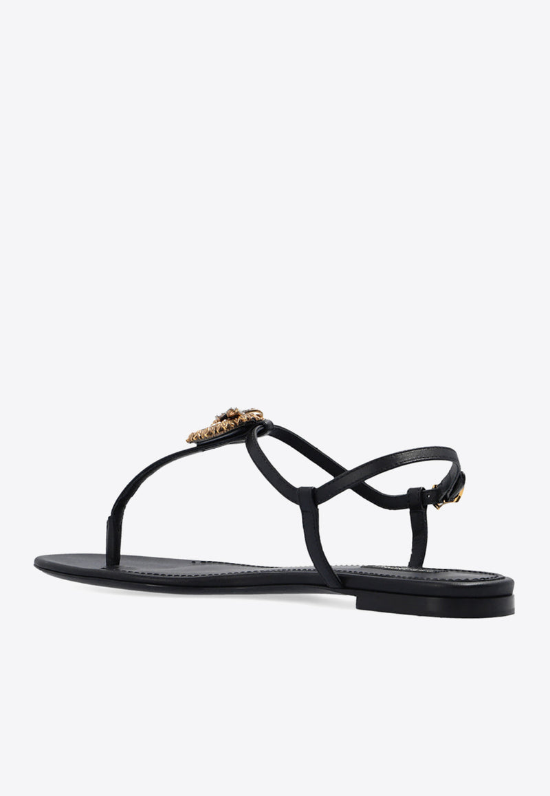 Dolce & Gabbana Devotion Thong Flat Sandals in Calf Leather Black CQ0353 AX191-80999