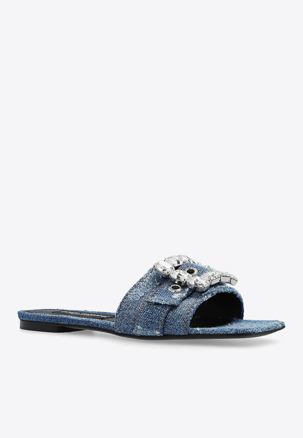 Dolce & Gabbana Patchwork Denim Flat Sandals with Rhinestone Embellishments Blue CQ0538 AY841-8H618