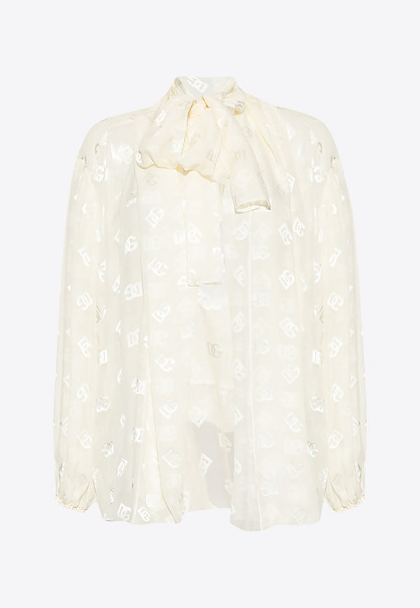 Dolce & Gabbana DG Logo Sheer Blouse with Pussy Bow White F5P73T FJTBR-W3789