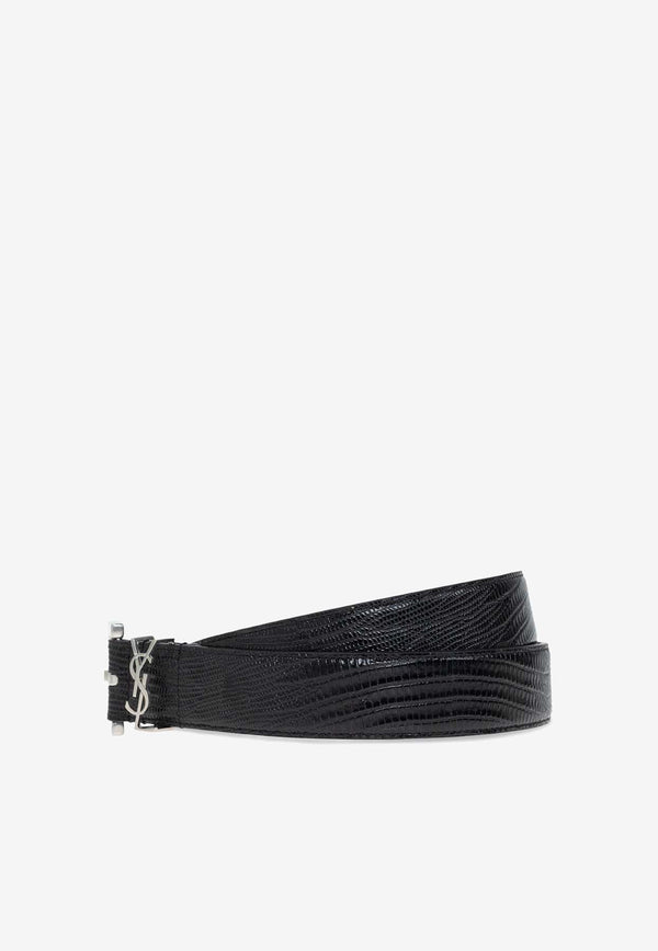 Saint Laurent Logo Plaque Lizard-Embossed Leather Belt Black 634440 CJ50E-1000