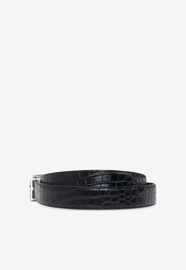 Saint Laurent Logo Plaque Croc-Embossed Leather Belt Black 634440 DZE0E-1000
