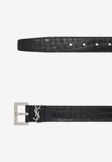 Saint Laurent Logo Plaque Croc-Embossed Leather Belt Black 634440 DZE0E-1000