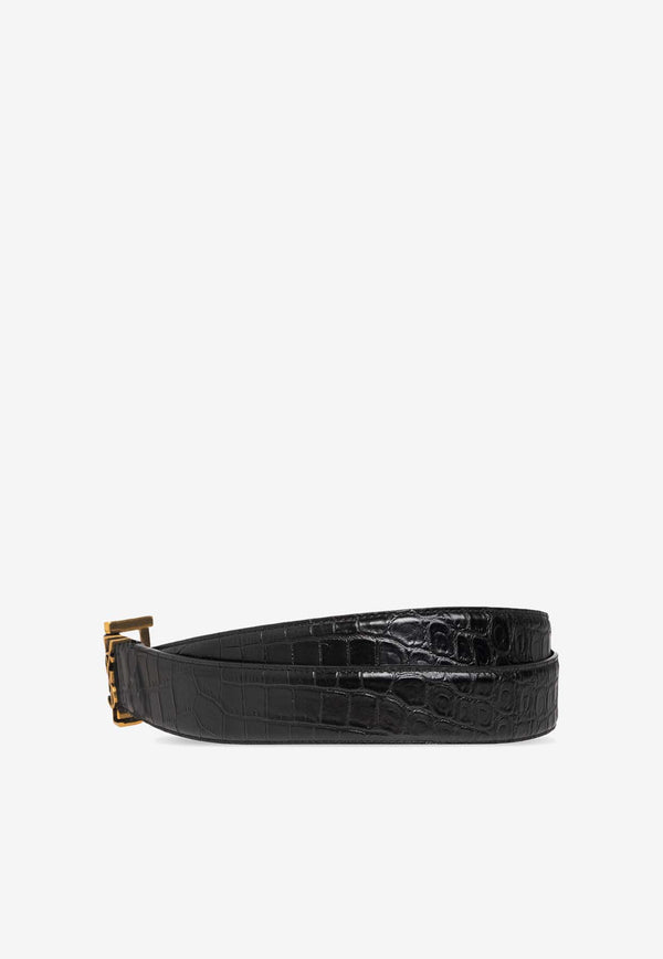 Saint Laurent Logo Plaque Croc-Embossed Leather Belt Black 634440 DZE0W-1000