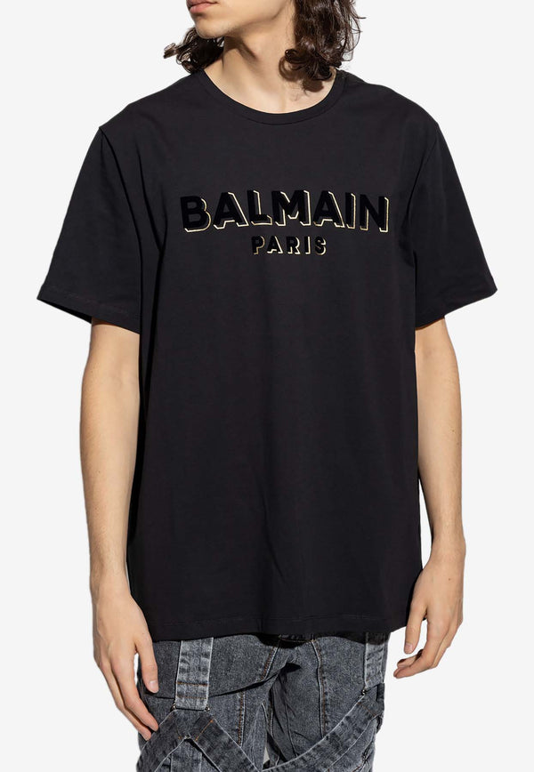 Balmain Velvet-Flocked Logo Crewneck T-shirt Black AH1EG010 BB99-EAD