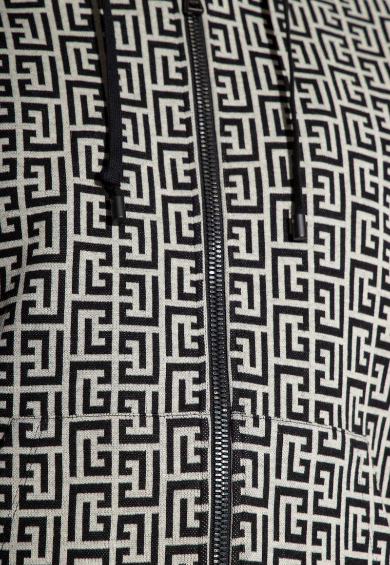 Balmain Logo Monogram Zip-Up Hooded Sweatshirt Monochrome AH1JX000 JB22-GFE