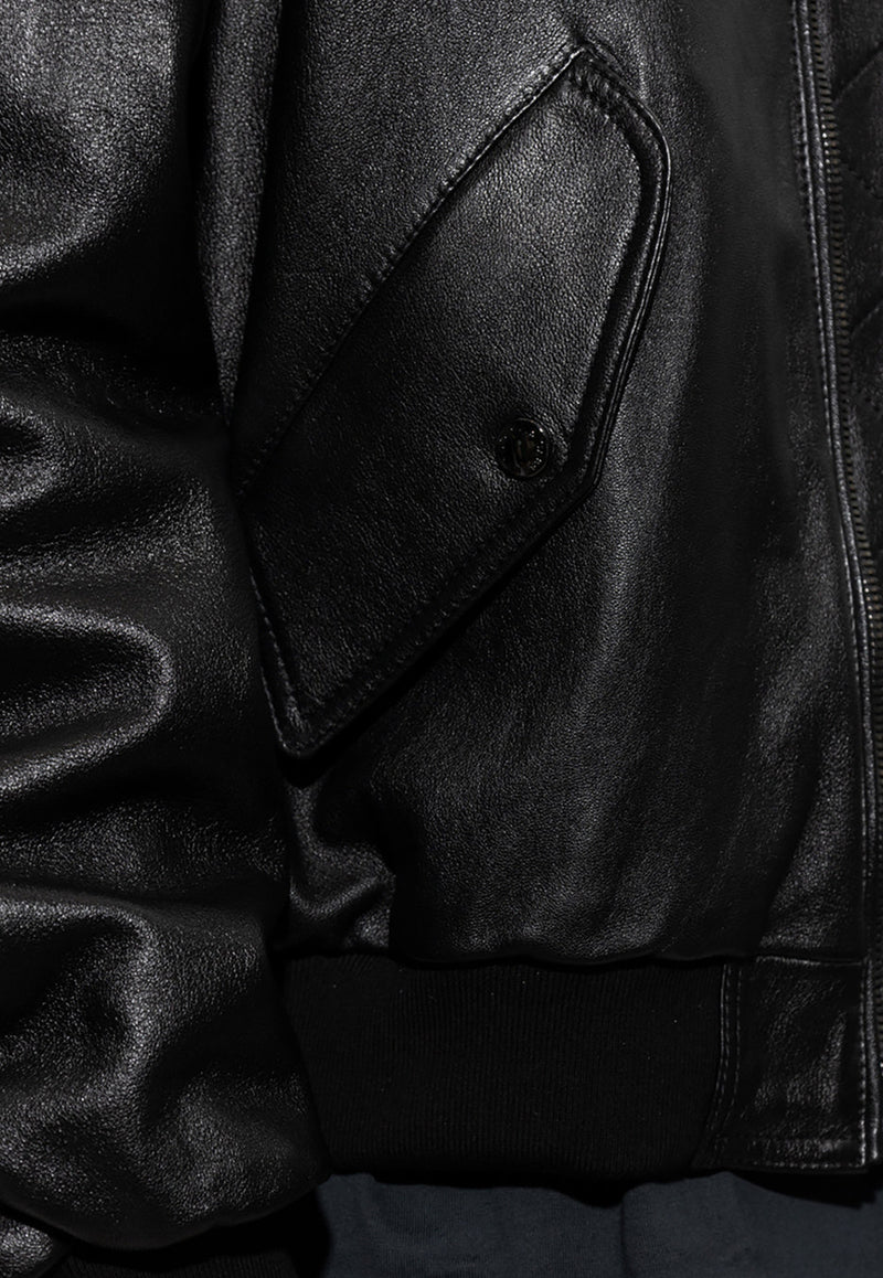 Dolce & Gabbana Logo- Engraved Leather Bomber Jacket G9XT6L GF182-N0000 Black