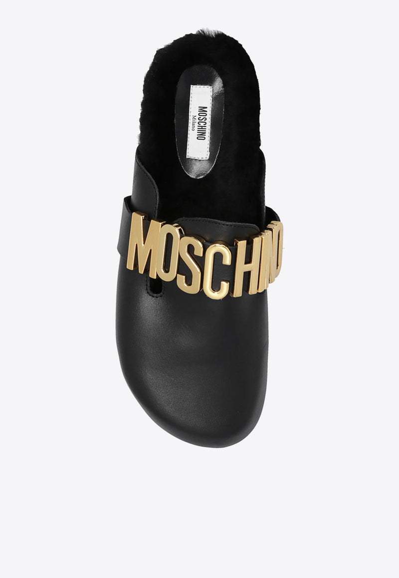 Moschino Logo Lettering Leather Flat Mules Black MA10403H1F MF0-000