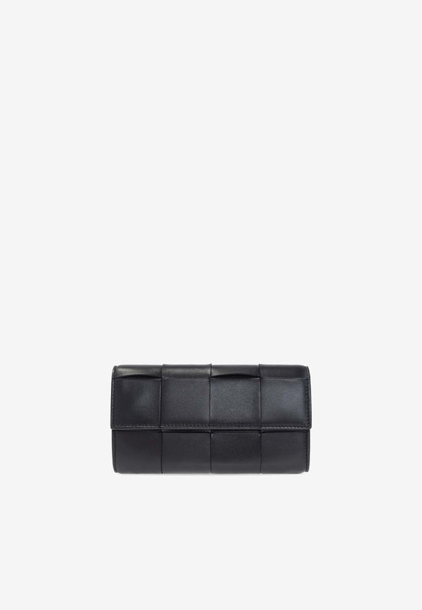 Bottega Veneta Intreccio Leather Flap Wallet Black 667433 VCQC4-8425