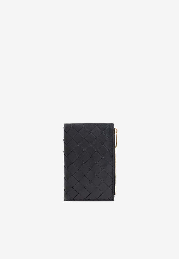 Bottega Veneta Medium Zip Bi-Fold Wallet in Intrecciato Leather Black 667468 VCPP2-8425